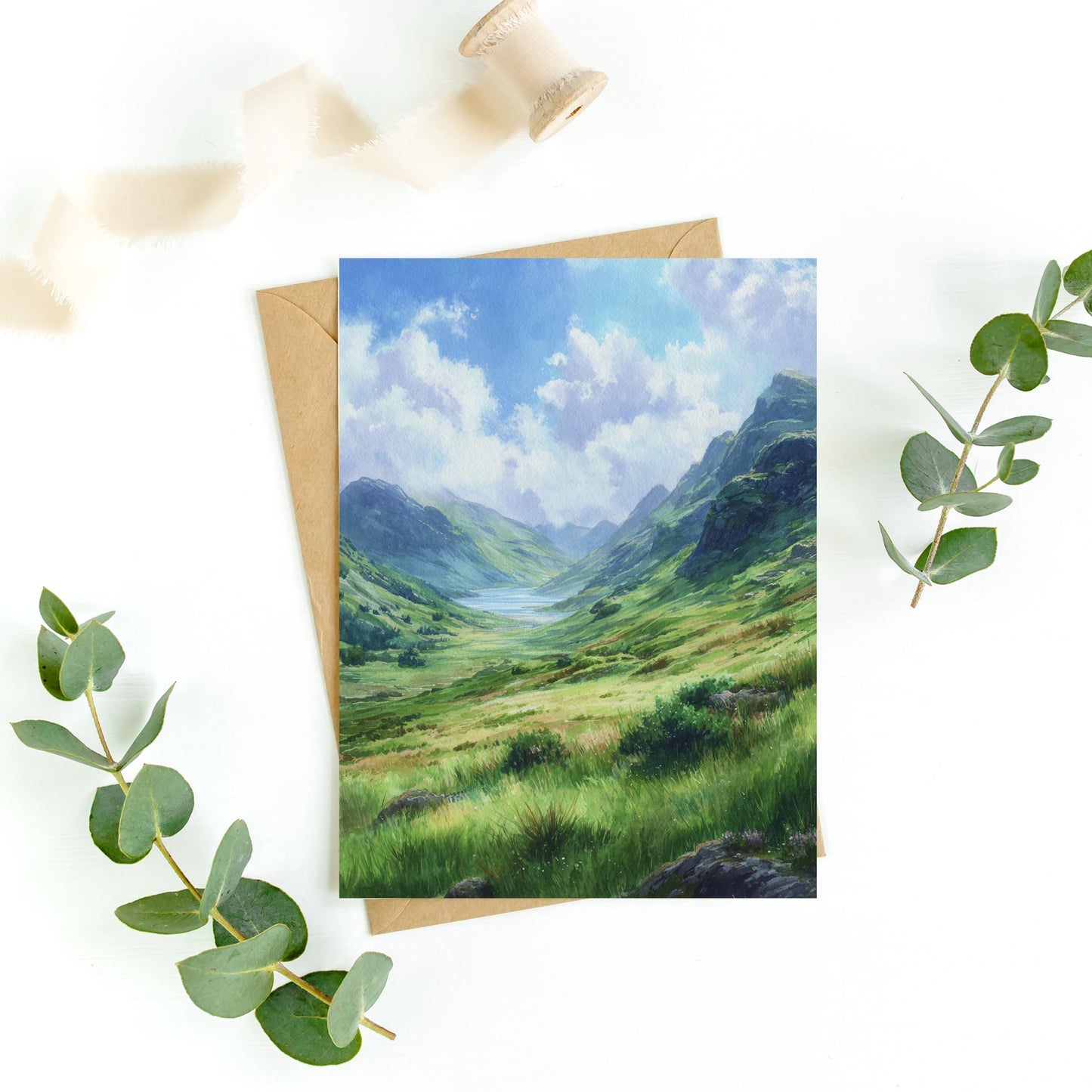 Watercolor Highland Landscape Greeting Card: Scottish Art Note Card