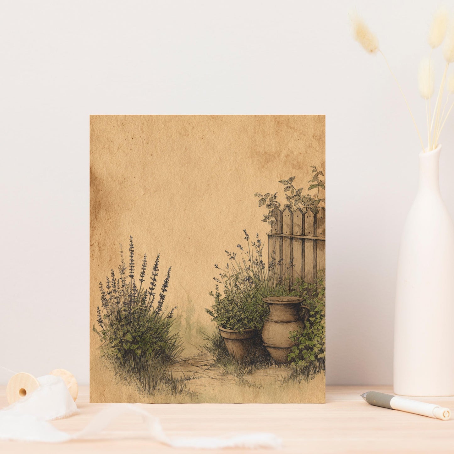 Cottage Garden Note Card, Rustic Herb Garden Stationery