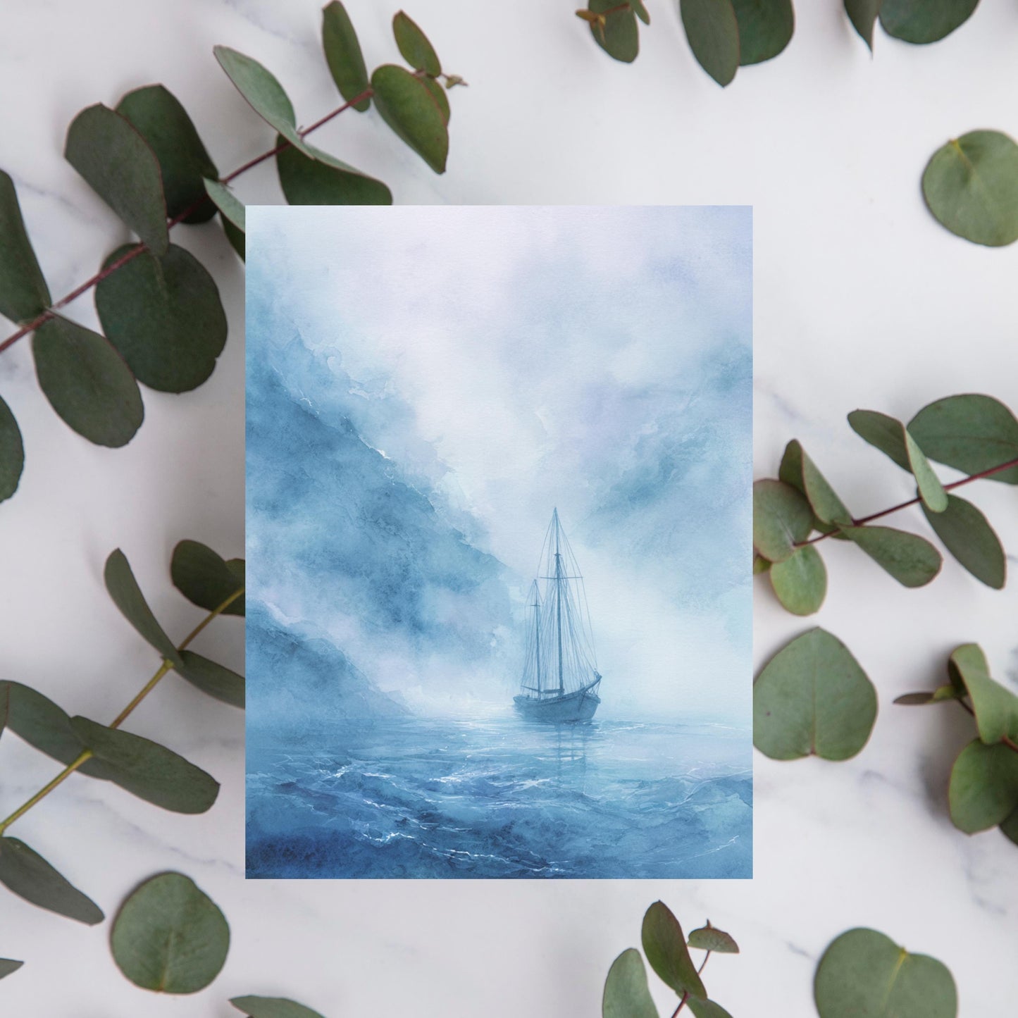 Misty Blue Sailboat Watercolor Greeting Card