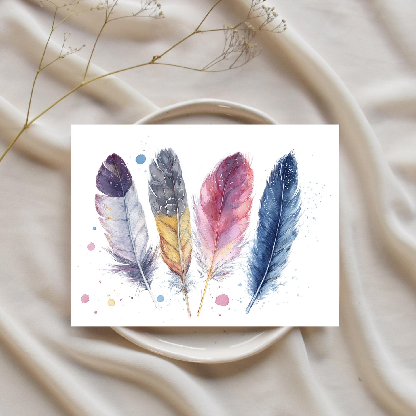 Boho Watercolor Feathers Greeting Card