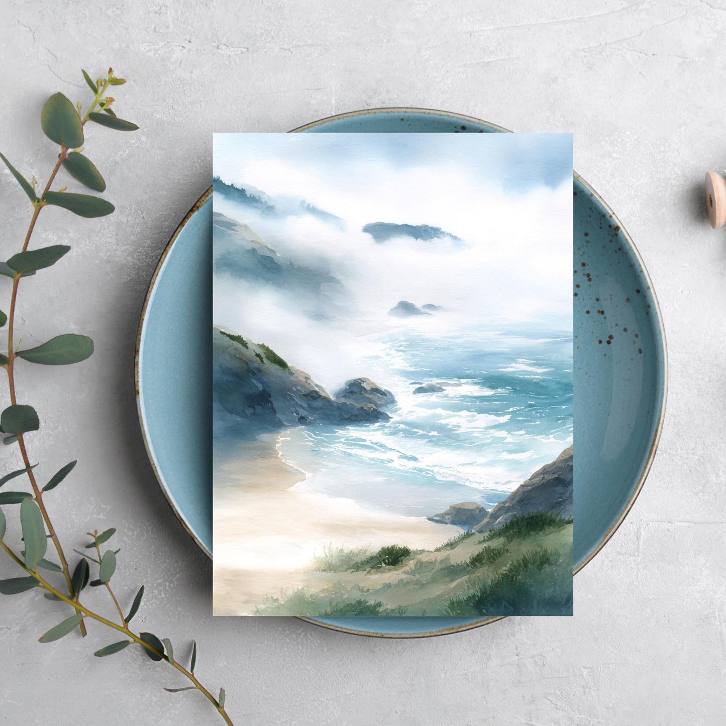 Misty Coastal Cliff Watercolor Greeting Card