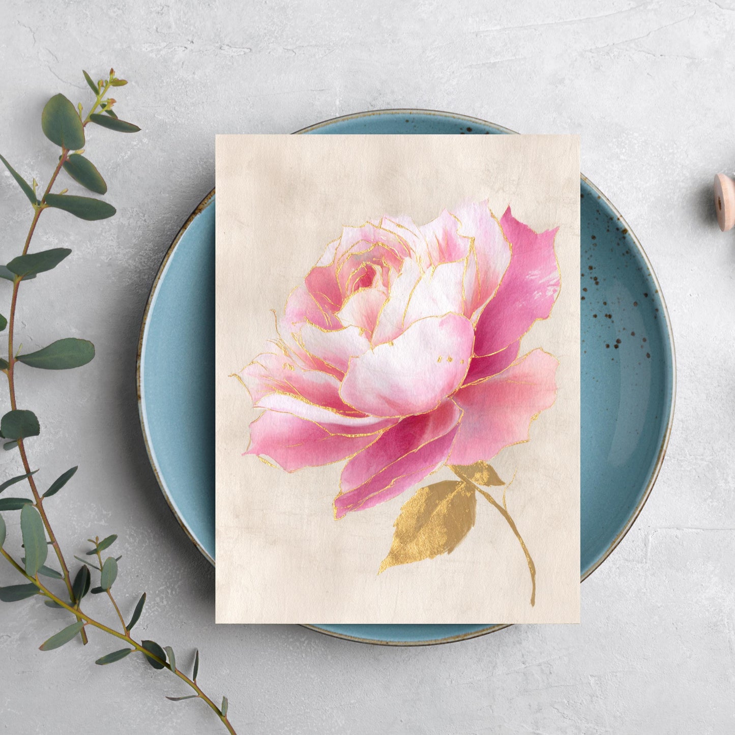 Vintage Pink and Gold Rose Greeting Card