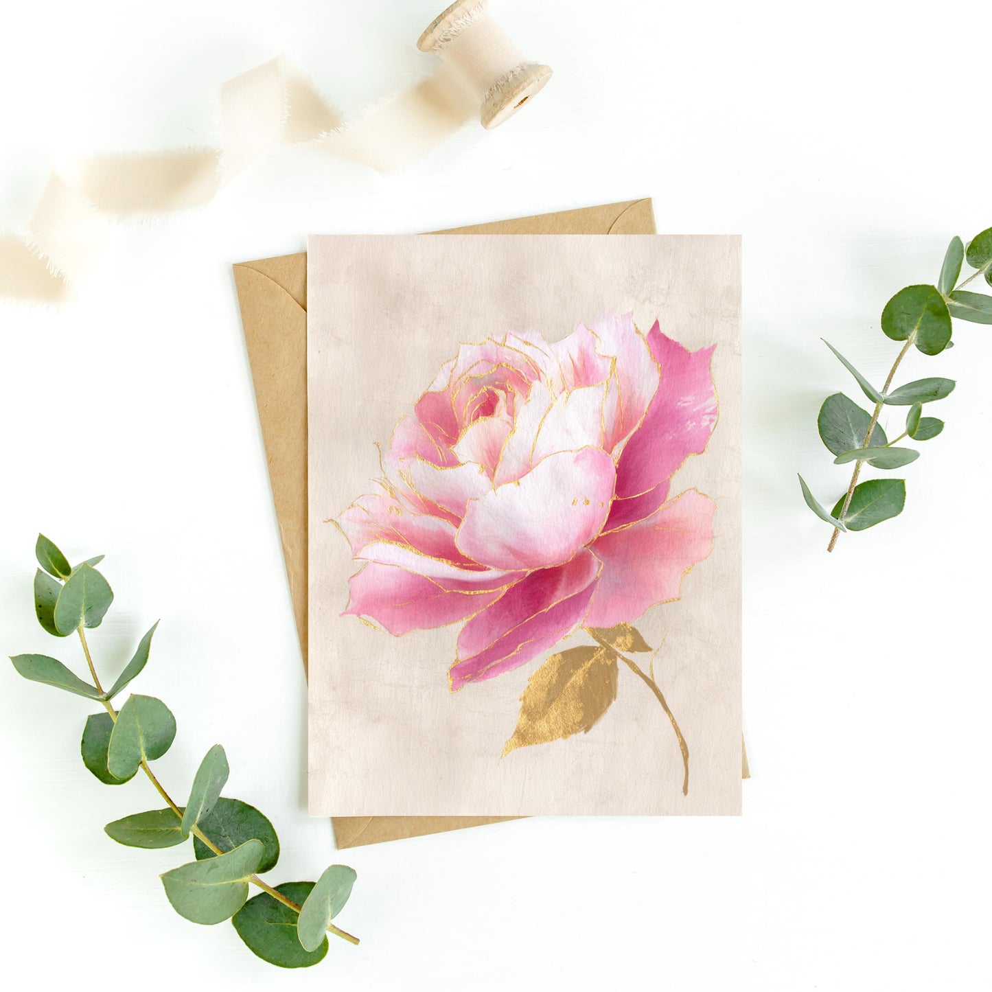 Vintage Pink and Gold Rose Greeting Card