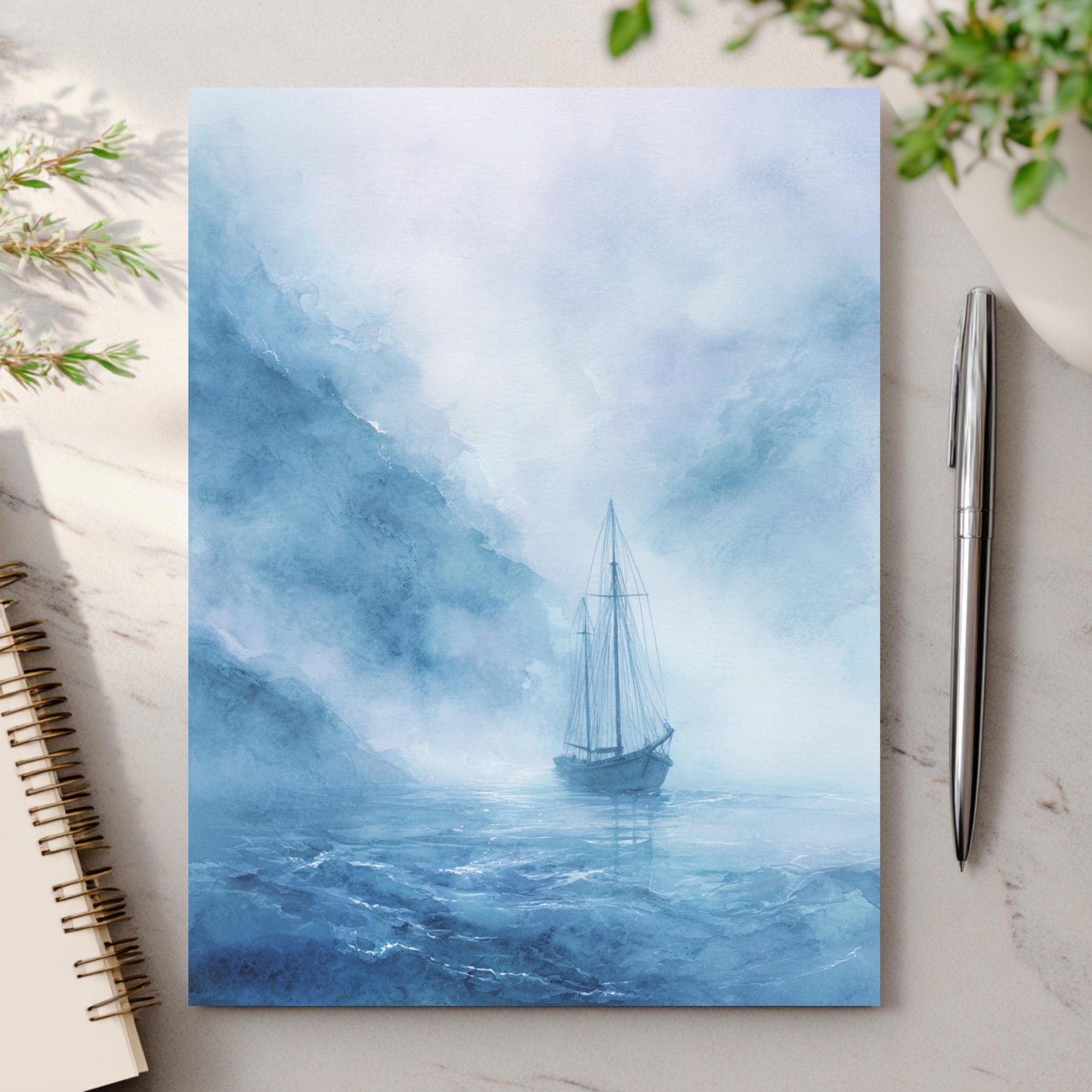 Misty Blue Sailboat Watercolor Greeting Card