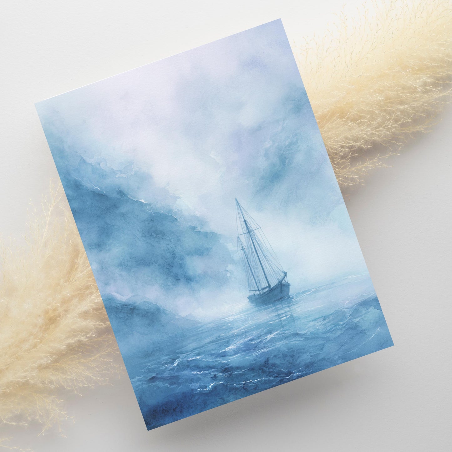 Misty Blue Sailboat Watercolor Greeting Card
