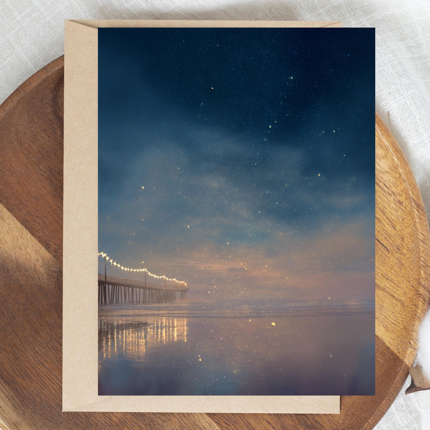 Twilight Pier Ocean Greeting Card - Starry Night Beach Oil Painting Note Card