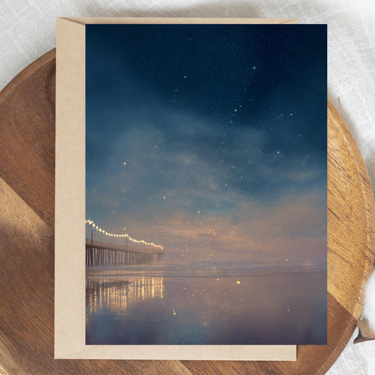 Twilight Pier Ocean Greeting Card - Starry Night Beach Oil Painting Note Card
