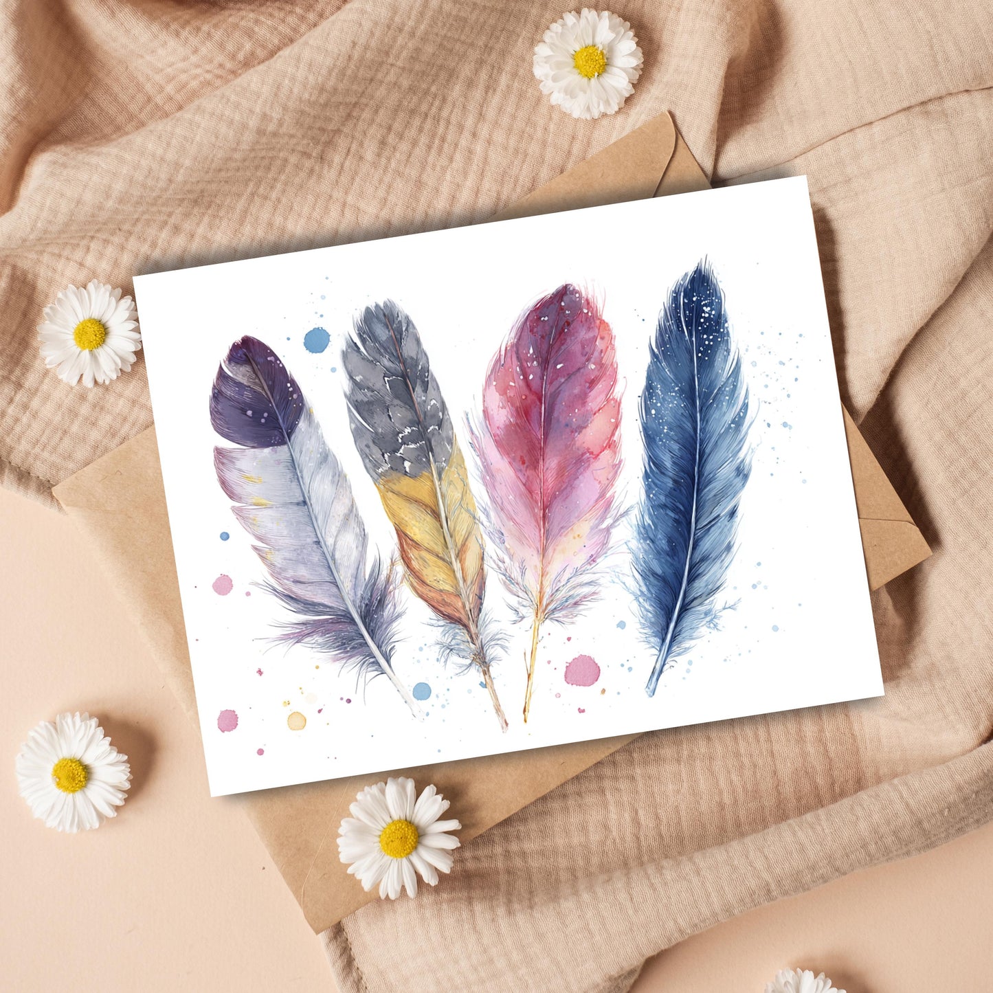 Boho Watercolor Feathers Greeting Card
