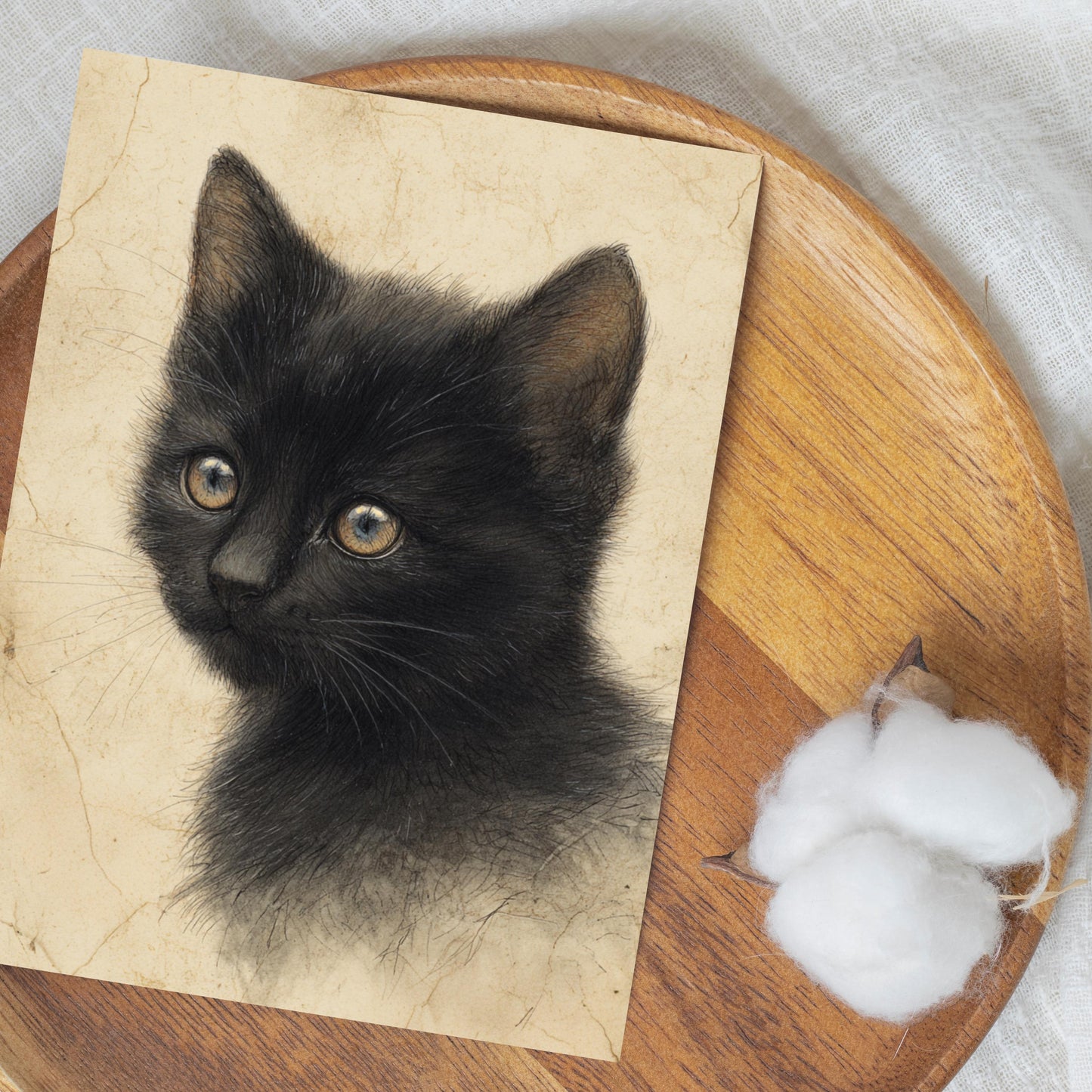 Black Kitten Greeting Card, Vintage Cat Drawing