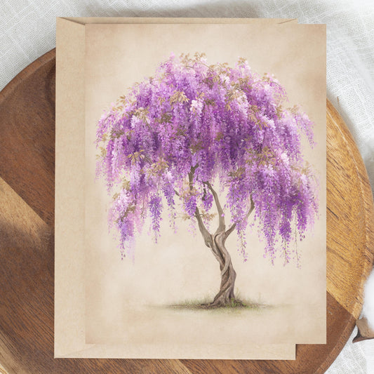 Vintage Wisteria Tree Watercolor Greeting Card: Rustic Floral Tree Note Card
