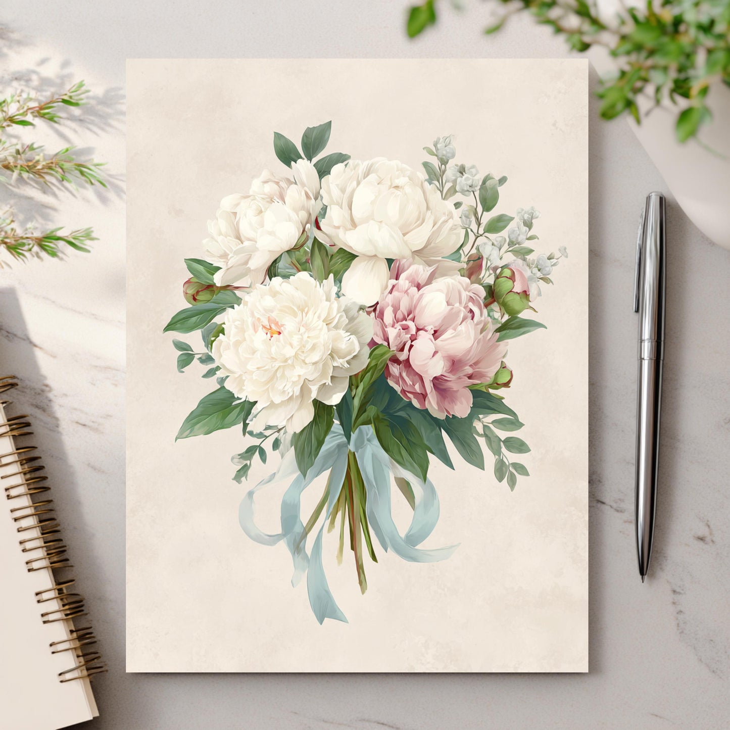 Peony Bouquet Greeting Card, Pink and White Floral Stationery