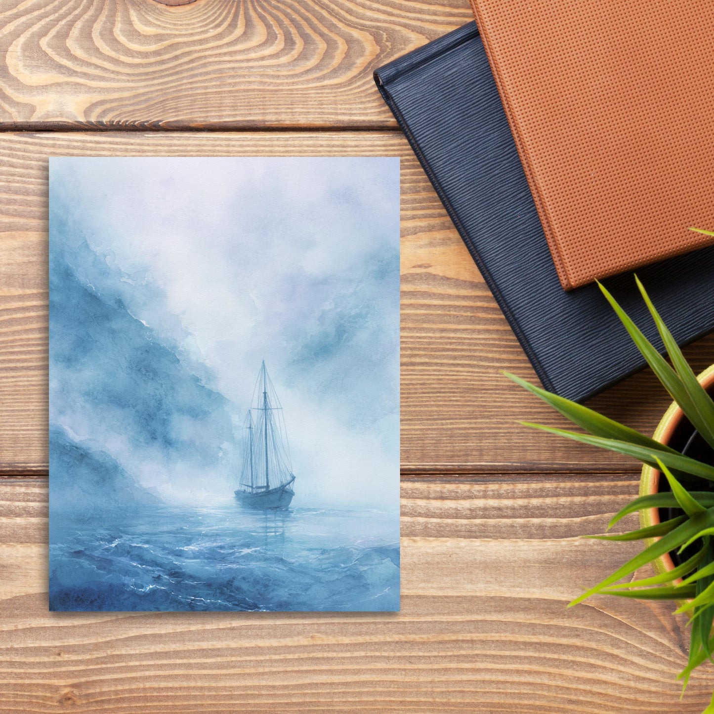 Misty Blue Sailboat Watercolor Greeting Card