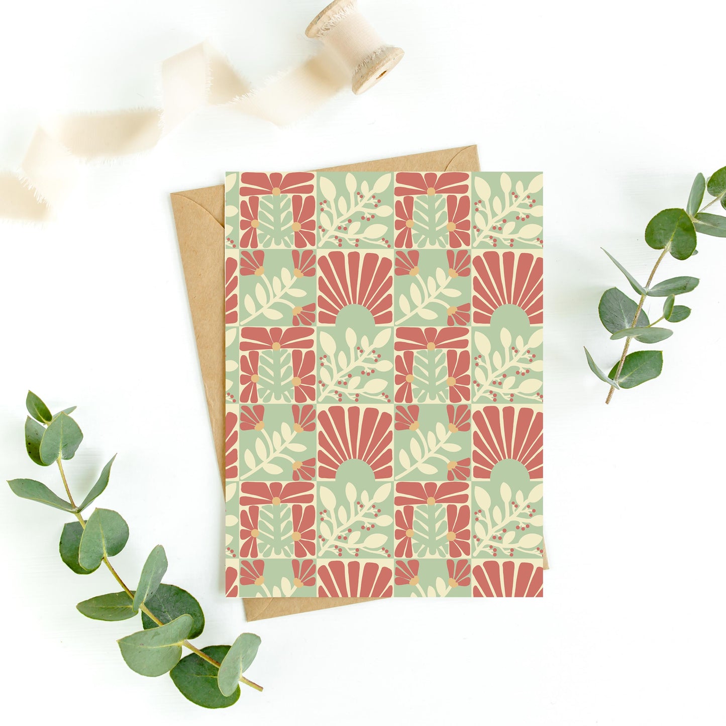 Red and Sage Floral Greeting Card