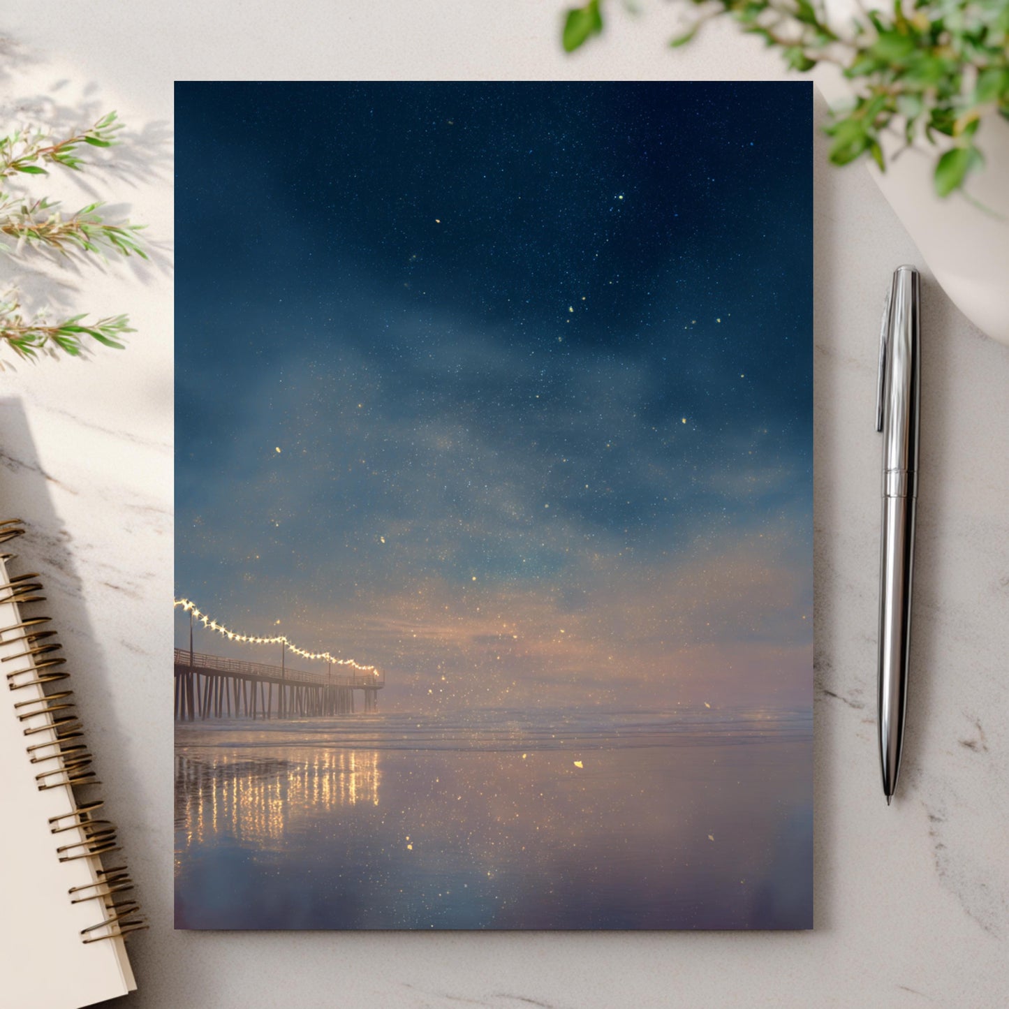 Twilight Pier Ocean Greeting Card - Starry Night Beach Oil Painting Note Card