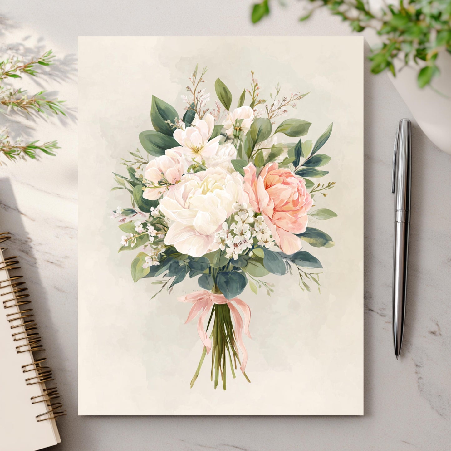 Handmade White Peony Floral Greeting Card