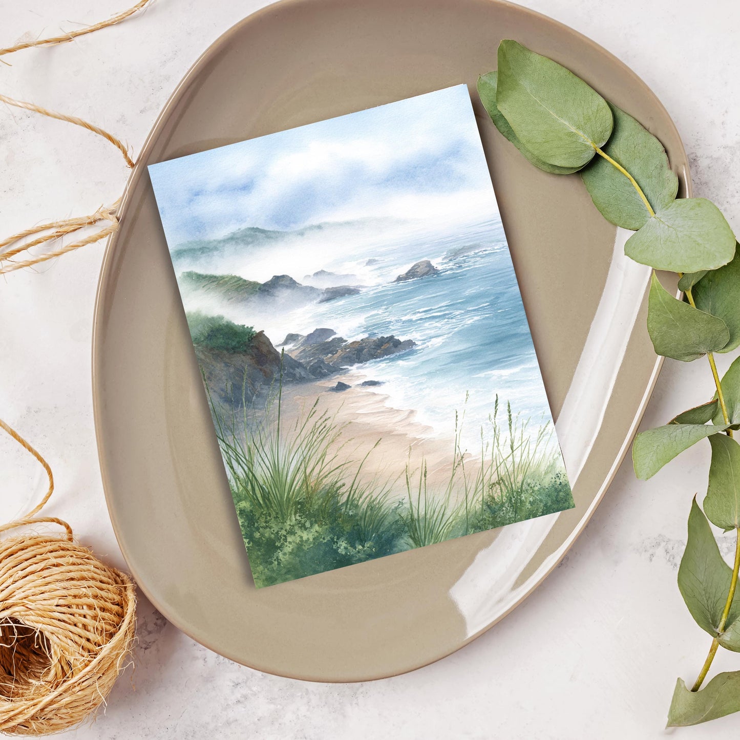 Misty Coastal Watercolor Greeting Card