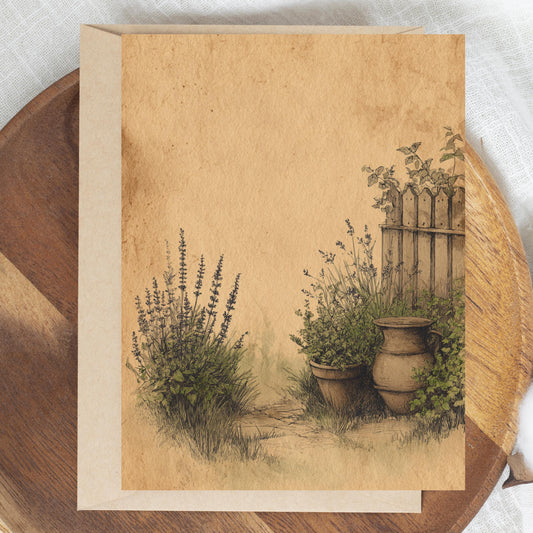 Cottage Garden Note Card, Rustic Herb Garden Stationery