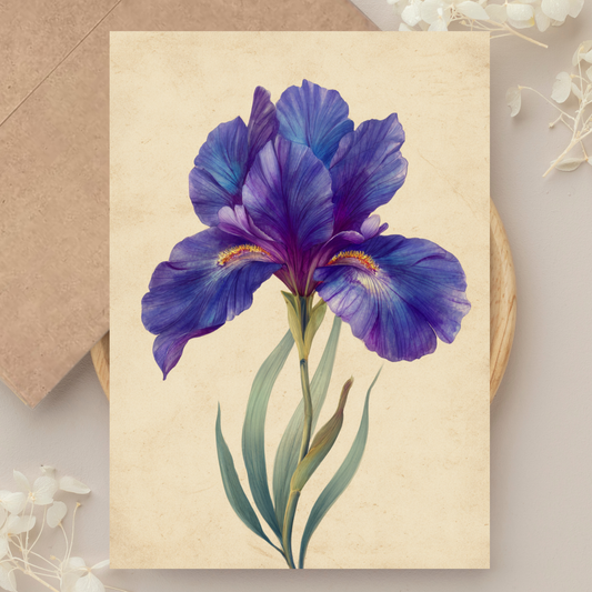 Vintage Paper Looking Watercolor Iris Flower Greeting Card
