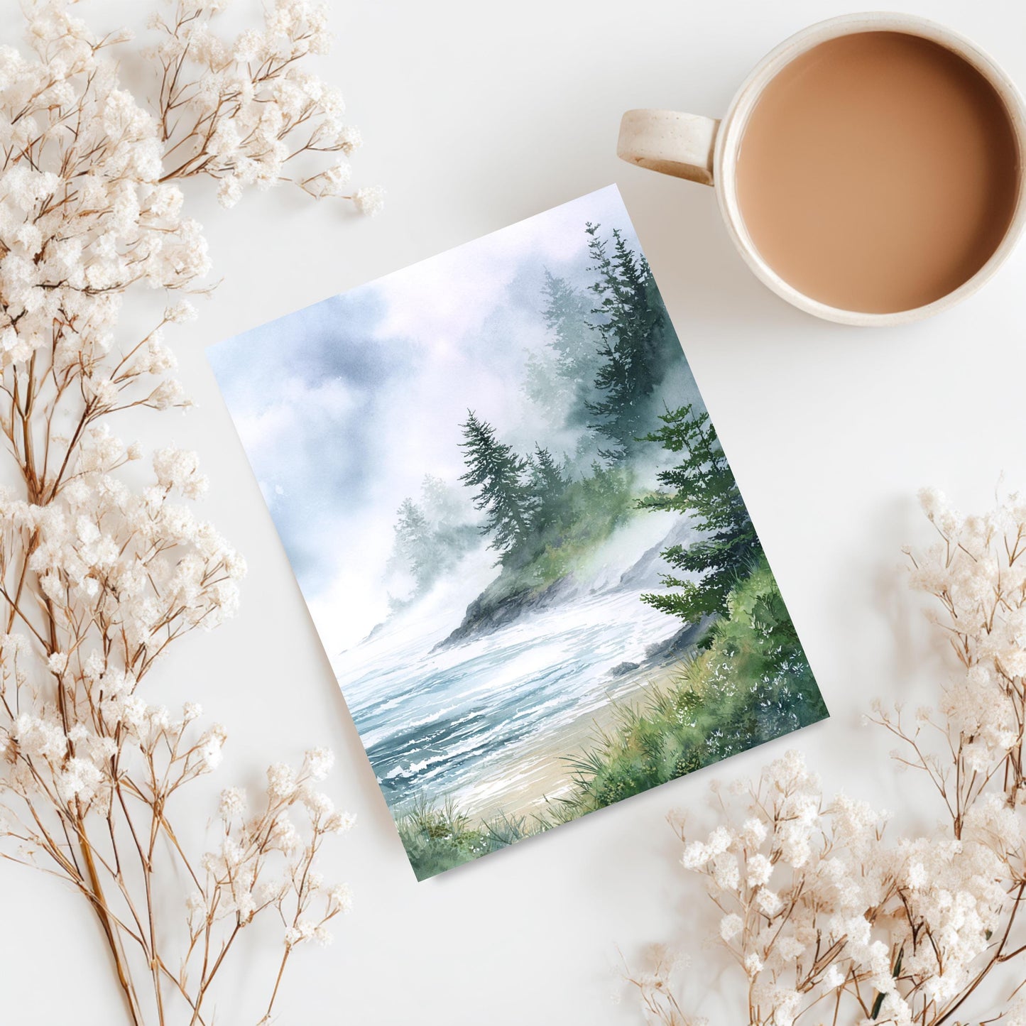 Misty Coastal Pine Tree Greeting Card