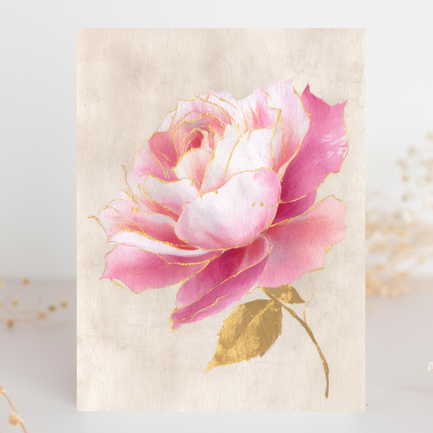Vintage Pink and Gold Rose Greeting Card