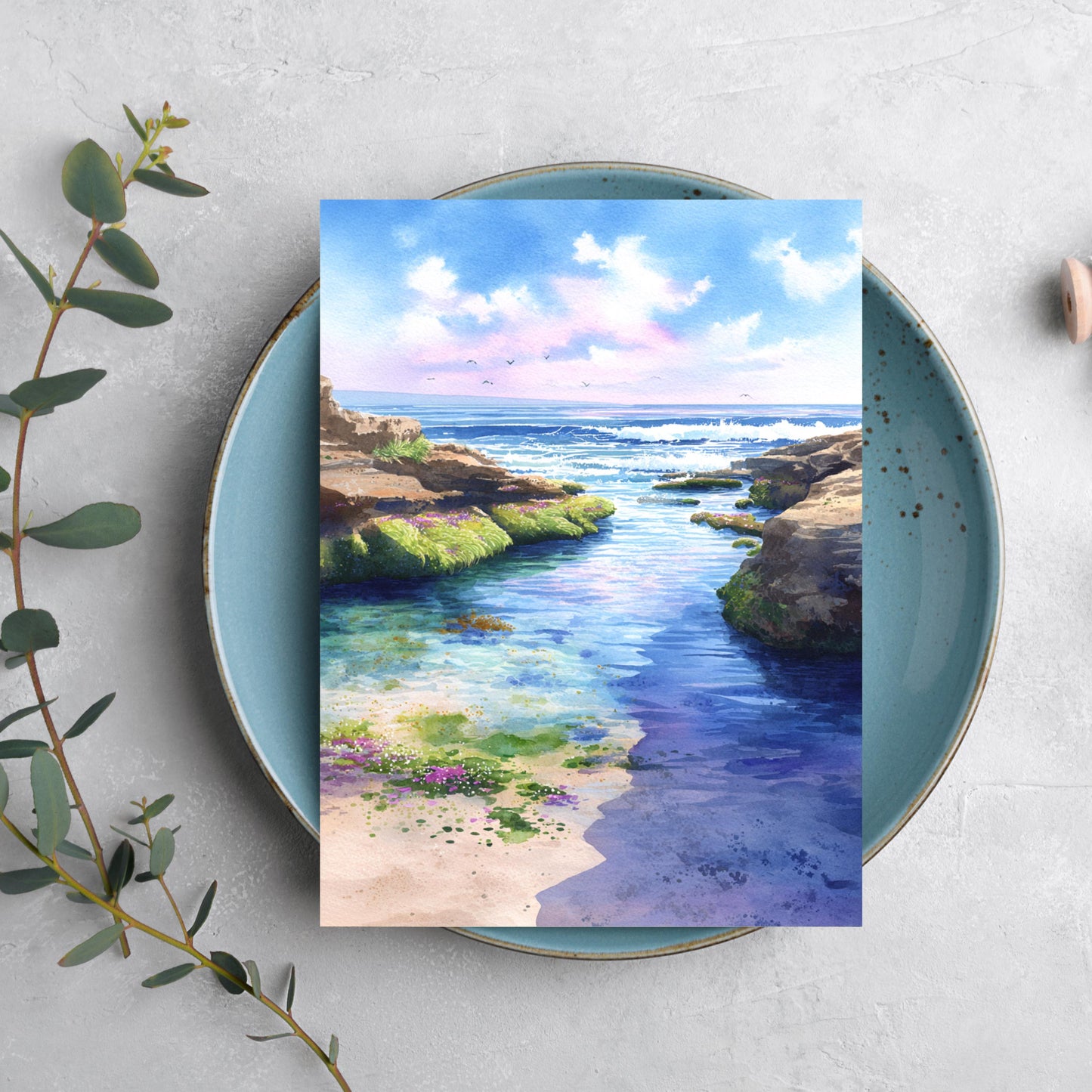 Calm Ocean Watercolor Card: Tidepool Beach Note Card