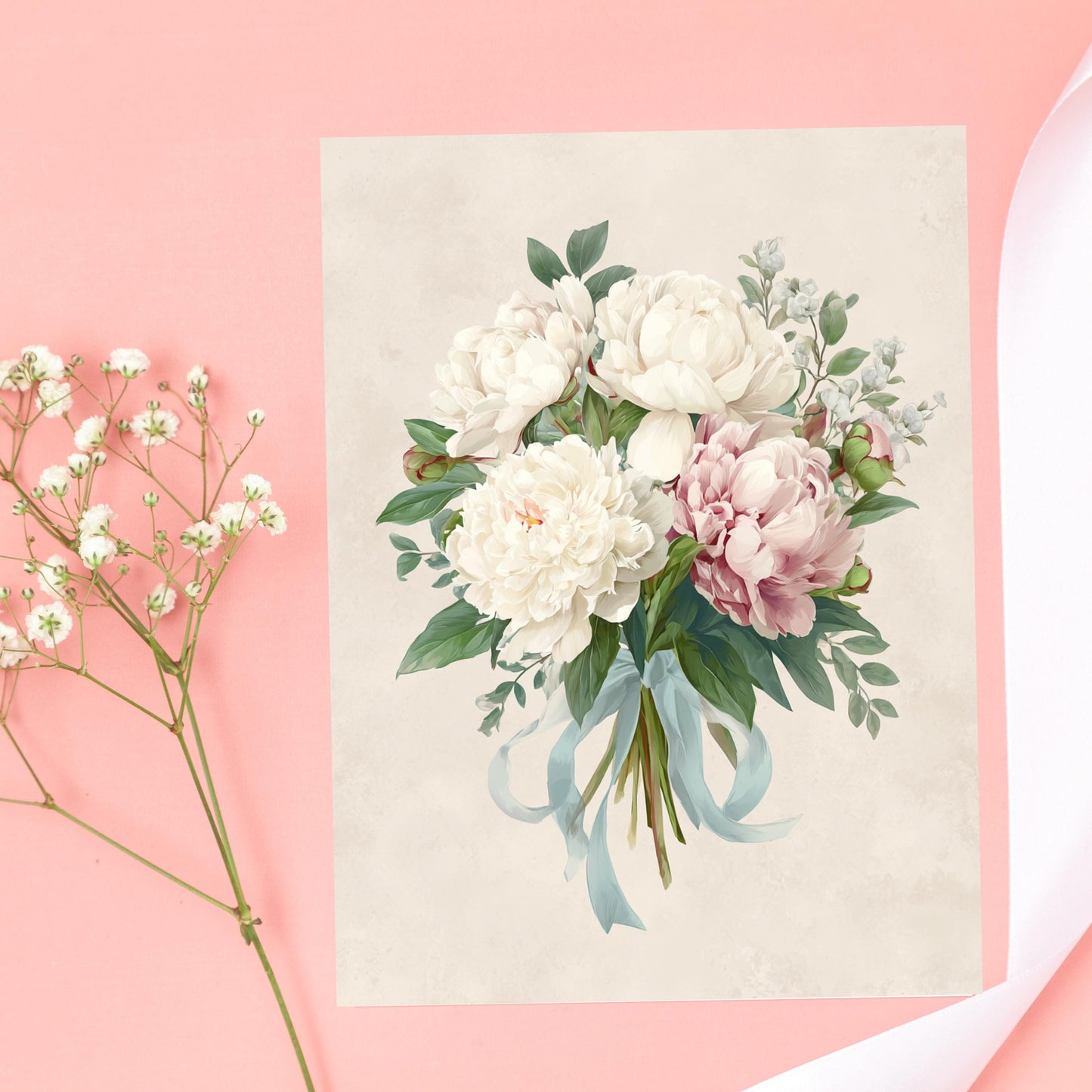 Peony Bouquet Greeting Card, Pink and White Floral Stationery